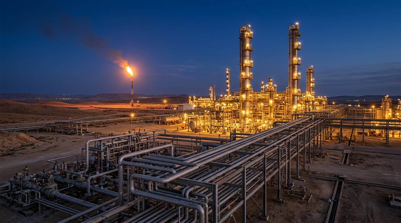 Oil and gas processing facility at dusk